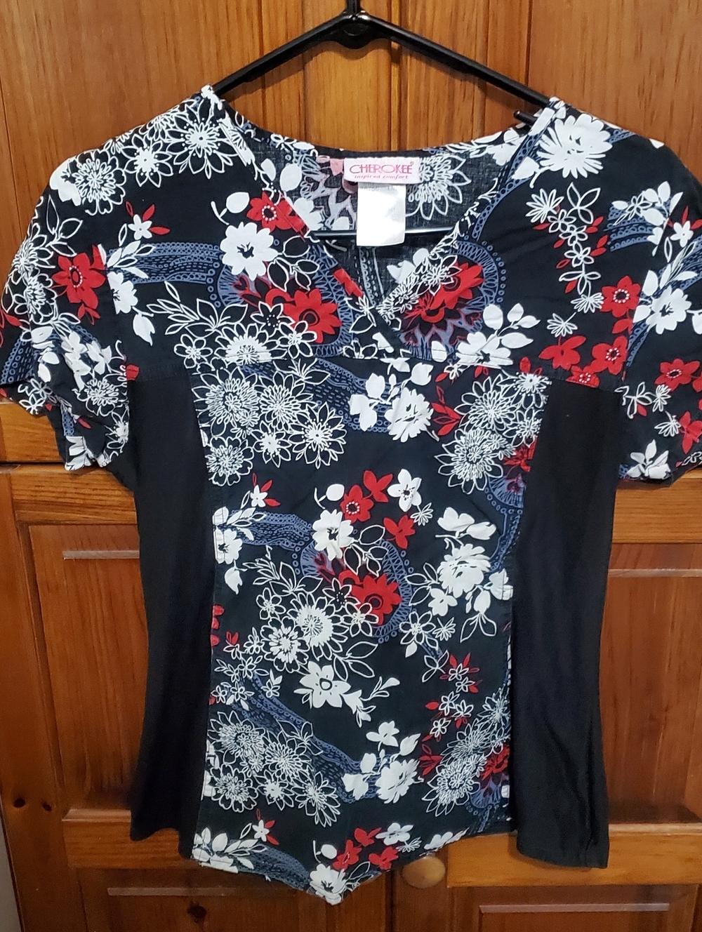 Black With Red & White Flowers Scrub Top